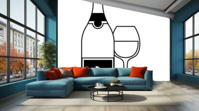 bottle and glass of wine with piece of cheese Wall mural