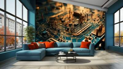 Complexity of semiconductor circuit board reveals futuristic computer technology progress generated by AI Wall mural