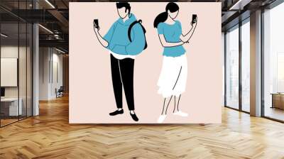 couple of people using smartphones, man and woman with mobile devices Wall mural