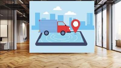 delivery truck carries deliver to people, smartphone logistics app Wall mural