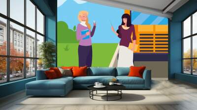 female teachers couple in stop bus characters Wall mural