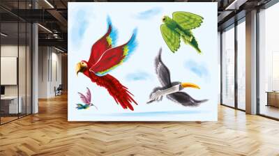 flying exotic birds, watercolor Wall mural