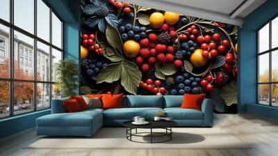 Fresh berry fruit collection, ripe and juicy, nature healthy dessert generated by AI Wall mural