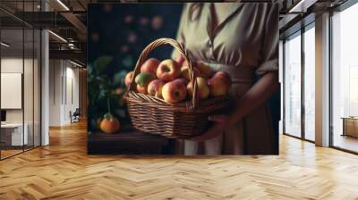 Fresh organic harvest women holding wicker basket of autumn fruit generated by AI Wall mural