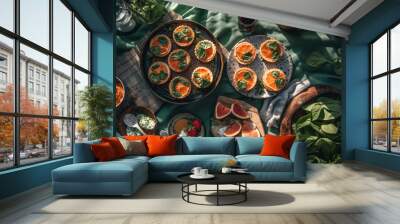 Fresh organic salad with grilled meat on rustic wooden table generated by AI Wall mural