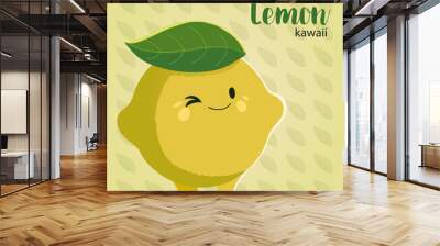 fruit kawaii cheerful face cartoon cute lemon leaf background Wall mural