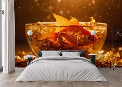 Goldfish decoration in glowing fishbowl underwater space generated by AI Wall mural