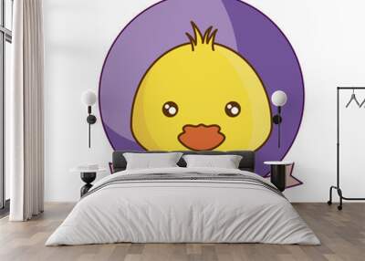 head of cute chicken in frame with ribbon Wall mural