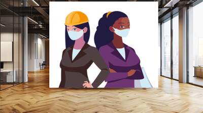 industrial women workers with face masks Wall mural