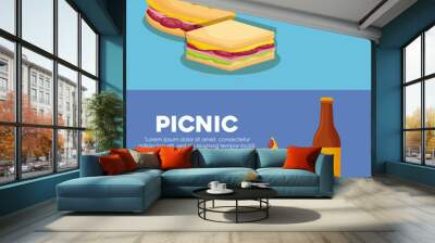 Infographic of picnic concept with sandwichs and pizzas over blue background, colorful design. vector illustration Wall mural