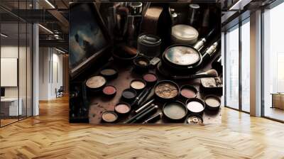 Large collection of beauty products in a shiny palette set generated by AI Wall mural