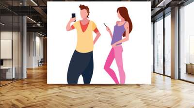 man and woman characters using smartphone Wall mural