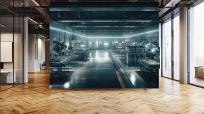 Modern metal industry factory with robotic arms and conveyor belts generated by AI Wall mural