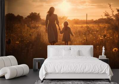 Mother and daughter embrace in nature beauty at sunset meadow generated by AI Wall mural