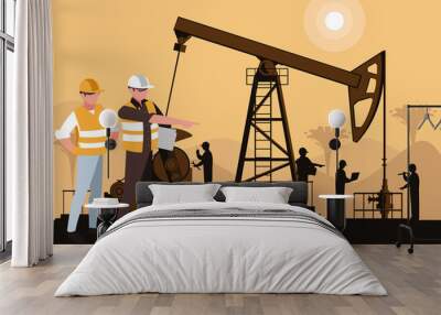 oil industry scene with derrick and workers Wall mural