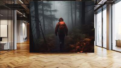 One person hiking in foggy autumn forest generated by AI Wall mural