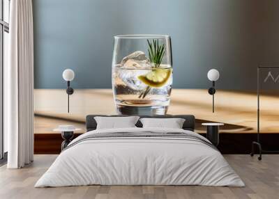 Refreshing cocktail on wooden table with lemon slice and ice generated by AI Wall mural