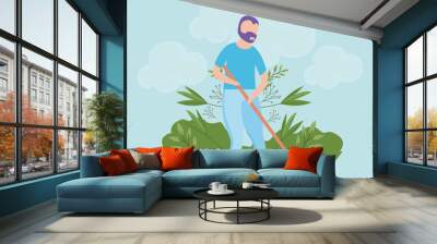 scene of man with rake, tool of garden Wall mural