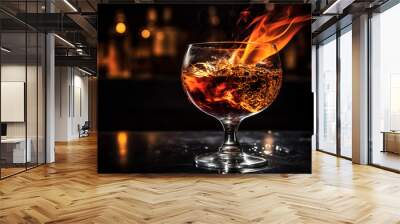 Shiny brandy snifter reflects flame in luxury pub celebration generated by AI Wall mural