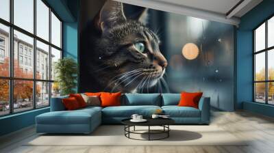 Striped kitten staring through wet window, cute fur and whiskers generated by AI Wall mural