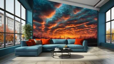 The vibrant sunset over the forest creates a moody sky generated by AI Wall mural