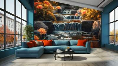 Tranquil scene of a waterfall flowing through a formal garden generated by AI Wall mural