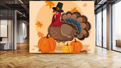 turkey with pumpkins and hat pilgrim of thanksgiving day Wall mural