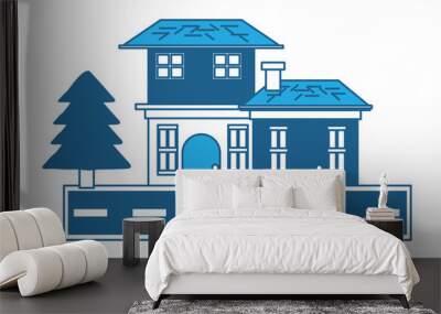 Two floors house with pine trees and the street  over white background, blue shading design. vector illustration Wall mural