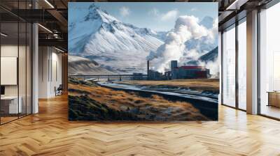 Geothermal power plant in Iceland with steam rising amidst snowy landscape Wall mural