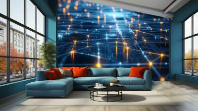 Glowing digital network grid with connected nodes and data flow, illustrating advanced technology, communication, and information exchange across a global network Wall mural