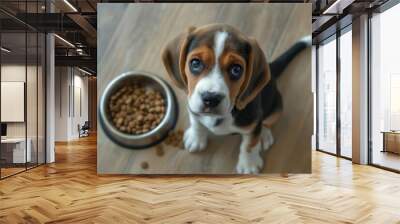 A beagle puppy sits on the floor and looks at a bowl of dry food waiting for feeding Wall mural