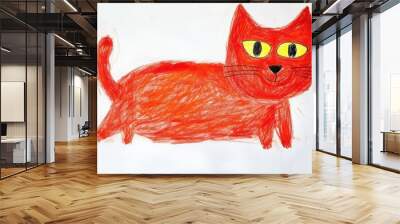 A big red cat drawn by a child on a white background Wall mural