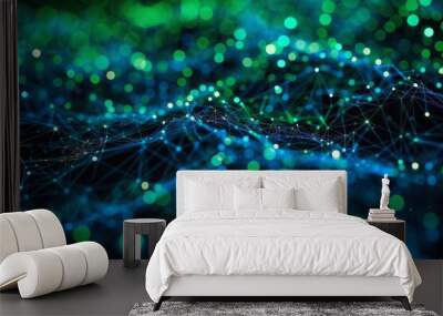 A blue and green abstract network pattern with interconnected nodes symbolizing global cyber connections and nano information Wall mural