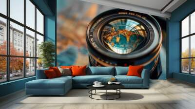 A close-up on a camera lens with reflections of exotic destinations symbolizing the world through the eyes of a travel photographer Wall mural