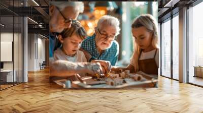 A family participating in a DIY or craft project at home with grandparents helping children create something special emphasizing creativity and collaboration Wall mural