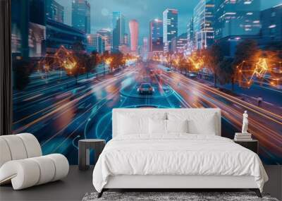 A futuristic cityscape with sleek, driverless cars smoothly navigating the streets, autonomous transportation in urban life Wall mural