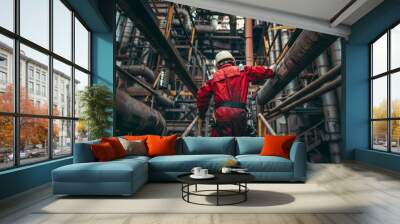 A man in workwear with a red jumpsuit and helmet stands on a ladder in a steel construction Wall mural