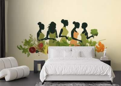 A minimalist illustration features a group of friends or family members with diverse body types, skin tones, and hairstyles gathering to make salads together. Wall mural