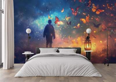 A person finding a magic lantern that illuminates his path with bright light and colorful butterflies leading him forward, symbolizing the return of hope and creativity Wall mural