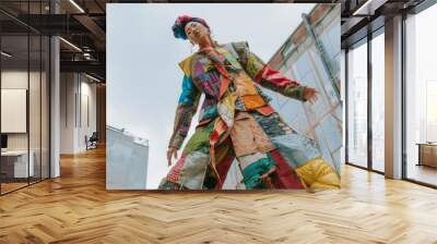 A person wearing a stylish outfit made from upcycled materials posing confidently in an urban setting illustrating the trend of sustainable fashion Wall mural