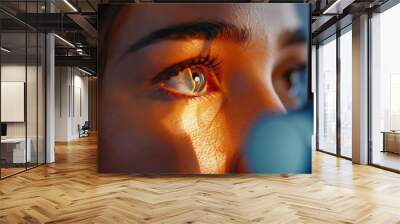 A woman face with a slit lamp in front of her eye capturing the moment of an ophthalmic examination for eye health Wall mural