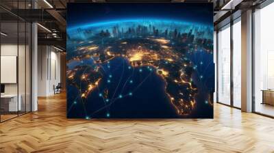 A world where glowing lines symbolize global connectivity to educational resources and platforms via the Internet. The role of technology in providing access to education to people around the world. Wall mural