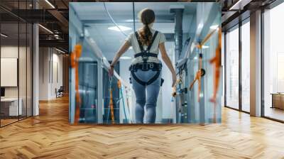 A young woman takes steps on a treadmill with safety harnesses and monitoring equipment in use Wall mural