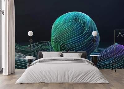 Abstract 3D sphere flowing light lines wave blue green gradient isolated on black background. Vector in concept of AI technology, science, music, modern. Wall mural