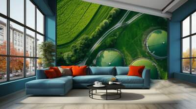 Aerial view of green biogas plant storage tanks in green fields Wall mural