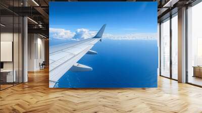 airplane wing against ocean and blue sky Wall mural