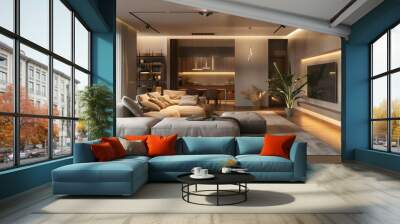 An open plan living room with a sectional sofa modern lighting fixtures and a sleek entertainment unit Wall mural