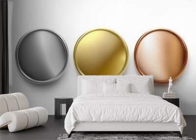 Award golden, silver and bronze blank medals. First, second and third place medals or buttons isolated on white background Wall mural