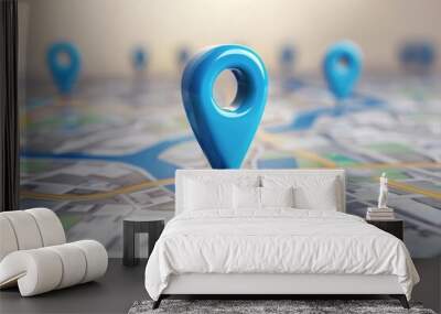 Blue location 3d icon marker or route GPS position navigator sign and travel navigation pin road map direction tracking Wall mural