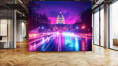 Capitol building glowing with vibrant lights, hope and progress as the nation awaits the election outcome Wall mural